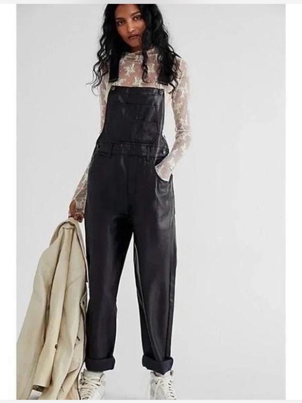 FREE PEOPLE We The Free faux leather Black overall jumpsuit Sz.S